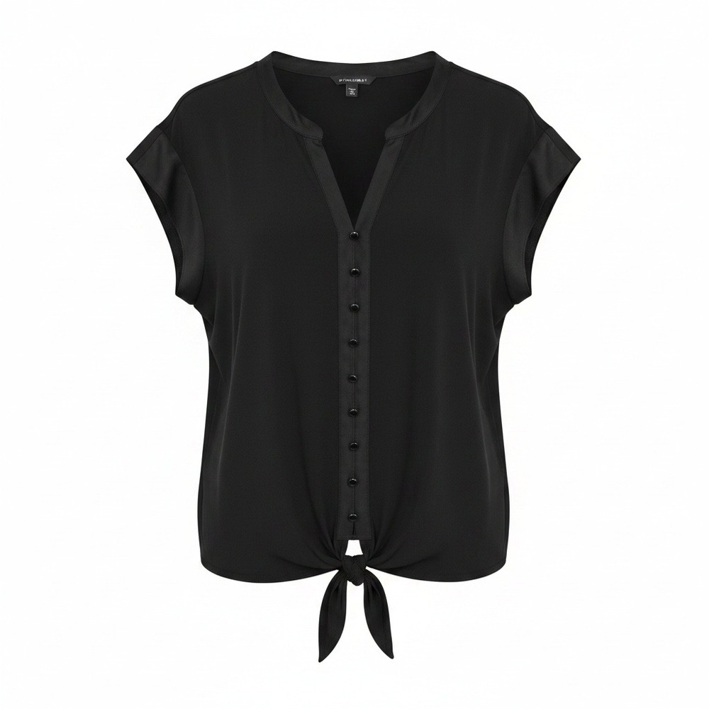 Roz & Ali Faux Button Front Tie Bottom Stretch Black Short Sleeve Blouse Top 2X